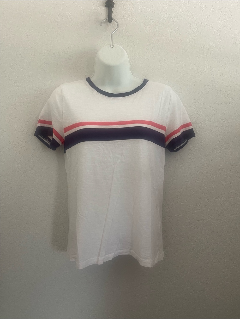 J. Crew White Short-Sleeve Stripe Tee with Navy and Red Bands